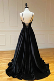 A Line V Neck Backless Black Velvet Long Prom Dresses, V Neck Black Formal Dresses, Black Velvet Evening Dresses HZ1023