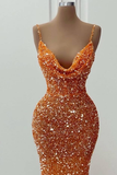 Orange gorgeous shiny V-neck mermaid slim spaghetti straps long sequined ball gown evening dress party dress HZ1023