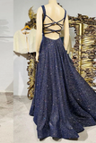 Dark blue sequin long prom dress , blue evening dress HZ1023