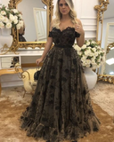 Off Shouler Black Lace Long Prom Dresses with Appliques, Off Shoulder Black Formal Dresses, Evening Dresses HZ1023