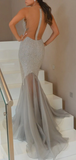 Silver Beadings Mermaid Prom Dress Sexy Illusion Back Long Prom/Evening Dress HZ1023
