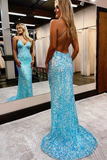 Blue Sequin Backless Long Prom Dress sparkly evening dress HZ1023