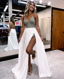 Charming Bodycon V Neck Sliver Sequins Short Prom Dresses with Detachable Train HZ1023