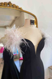 Long Black High Slit Prom Dress with White Feather HZ1023