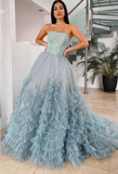 Elegant Dusty Blue Strapless Ruffles Long Prom Dress HZ1023