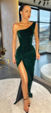 One Shoulder Long Sheather High Slit Prom Dresses, Emerald Green Velvet Prom Dresses HZ1023