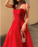 Red elegant spaghetti straps delicate floral beading long tulle formal prom dress evening gown with back corset HZ1023