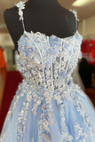 Blue sweetheart tulle lace applique long prom dress lace gown HZ1023