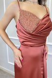 Spaghetti-Straps Long Beadings Mermaid Prom Dress Split With Ruffles HZ1023