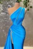 Sexy Blue One Shoulder Split Mermaid Prom Dress With Beads HZ1023