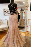 Mermaid V-Neck Rose Gold Long Prom Dress with Criss Cross Back HZ1023