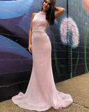 High Neck Metallic Sequin Pink Mermaid Long Prom Dress HZ1023