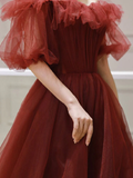 Burgundy Off Shoulder A Line Formal Evening Dress Tulle Long Prom Dress HZ1023