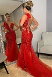 Burgundy one shoulder lace applique backless mermaid tulle ball gown HZ1023
