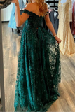 Off Shoulder Green Lace Sequins Long Prom Dress with High Slit, Off the Shoulder Green Formal Dress, Green Lace Evening Dress HZ1023