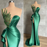 Green luxury gorgeous beaded gown long elegant satin sexy slit prom dress evening gown party dress HZ1023