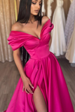 Elegant Fuchsia Off-the-Shoulder Evening Dress Long With Slit HZ1023