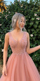 V-neck Long A-line Blush Pink Prom Dresses, Beaded Seqiun Prom Dresses,Prom Dresses HZ1023