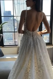 White fantasy square neck slit lace applique long tulle backless bridal gown wedding dress HZ1023