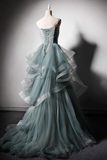 GREEN TULLE LACE LONG PROM DRESS, GREEN EVENING DRESS HZ1023