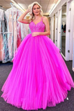V Neck Fuchsia Lace Appliques Tulle Long Prom Dresses, Fuchsia Lace Formal Evening Dresses, Fuchsia Ball Gown HZ1023