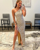 Gold gorgeous shiny fashion sexy one shoulder tassel beaded long prom dress evening gown party dress with side slits HZ1023