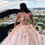 Princess Ball Gown Pink Tulle Prom Dresses with Handmade Flowers, Quinceanera Dress HZ1023