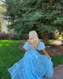 Charming A Line Off the Shoulder Blue Tulle Prom Dresses HZ1023