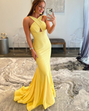Crisscross Beading Yellow Mermaid Prom Dress HZ1023