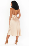 Rose gold silk dress Bella Halter neck midi bridesmaid dress Open back bias cut midi twist halter neckline dress HZ1023