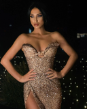 Sweetheart Long Fitted Sequin Prom Dresses, High Slit Prom Dresses HZ1023