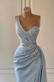 Luxury Sky Blue One-Shoulder Prom Dress Mermaid Split With Ruffles HZ1023