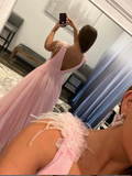 Pink v neck tulle long prom dress, pink tulle evening dress HZ1023
