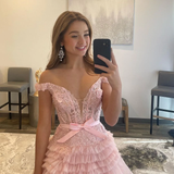 Cute A Line Off the Shoulder Pink Tulle Prom Dresses Quinceanera Dresses HZ1023