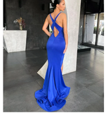 Sexy Royal Blue Elastic Satin Prom Dresses, Side Slit Prom Dresses HZ1023