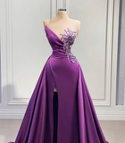 Purple high slit train mermaid dress wedding reception dress satin lace wedding dress ball gown evening dress HZ1023