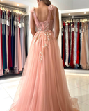 Pink charming heart-shaped sling tulle slit long evening dress HZ1023