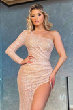 Gorgeous Long Sleeves One Shoulder Sequins Prom Dress Mermaid Side Slit HZ1023