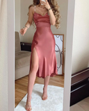 simple blush pink prom dress,modest slit evening dresses HZ1023