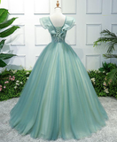 Green V Neck Tulle Long Prom Dress, Formal Dresses, Green Evening Dress HZ1023