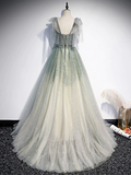 Gray Green Tulle Sequin Beads Long Prom Dress, Green Evening Dress HZ1023
