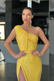 Amazing Yellow One Shoulder Sequins evening Dress Mermaid With Slit HZ1023