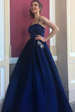 Elegant A-Line Spaghetti Straps Dark Blue Satin Prom Dress with Beading Pockets HZ1023