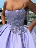 Purple Ball Gown Spaghetti Straps Satin Sweet 16 Dress With Pocket Quinceanera Dress HZ1023