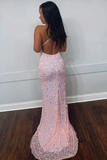 Cute Sparkly Mermaid V Neck Pink Sequins Prom Dresses HZ1023