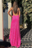 Charming Mermaid V Neck Hot Pink Sequins Long Prom Dresses with Slit HZ1023