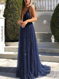 A Line V Neck Backless Blue Prom Dresses, V Neck Blue Backless Formal Graduation Evening Dresses HZ1023