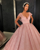 Gorgeous pink ball gown V neck floor length organza beaded crochet flowers evening dress HZ1023