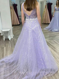 Lilac Tulle Deep V-neck Beaded Long Evening Prom Dresses, Cheap Custom Prom Dress HZ1023