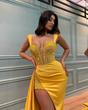 Chic Yellow Straps Mermaid Evening Dress SPlit WIth Sequins Appliques HZ1023